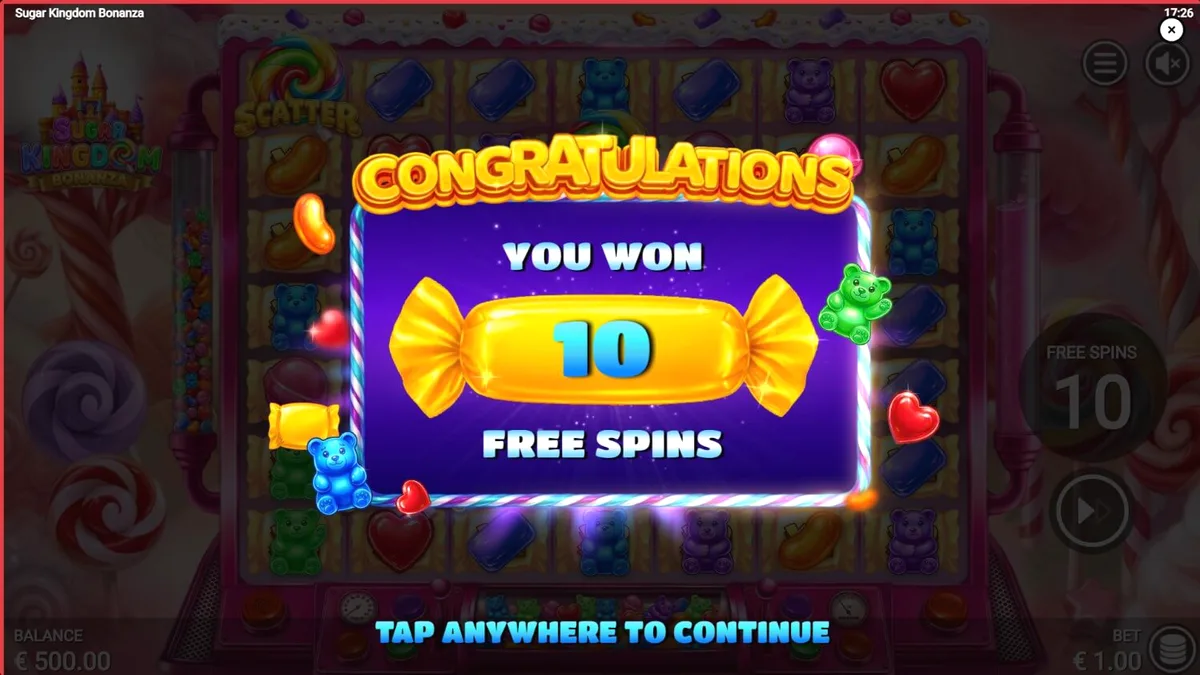 Tampilan visual cerah dan penuh warna dari slot Sugar Kingdom Bonanza dengan simbol permen.