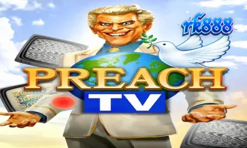 Tampilan antarmuka slot Preach TV dengan desain studio televisi retro